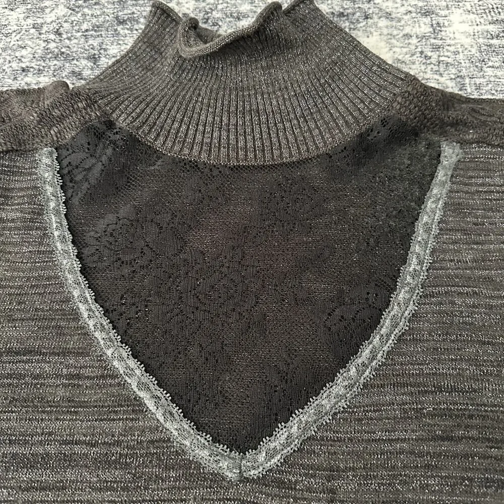 Free People Shimmer Gray Ribbed Turtleneck Sweater Long Sleeve Cutout Size Small